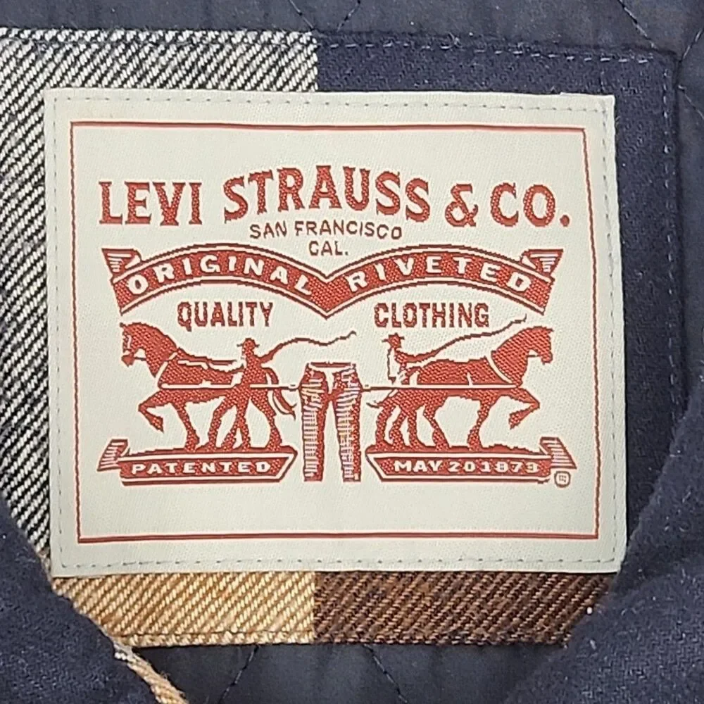 Levi Strauss Jacket Coat Quilt Lined Men Sz XL Zip Button Blue Tan Plaid Pockets